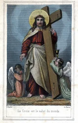Korset är världens räddning. Populära bilder om Kristus som bär korset. Två änglar står vid hans sida. Omkring 1850.