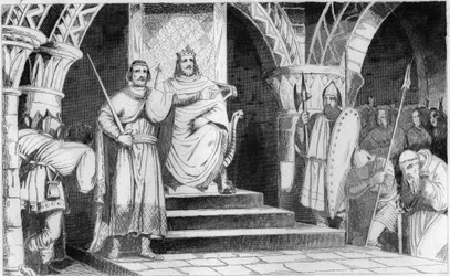Kröningen av Chilperik II (670-721) - Chilperik II (670-721) sätts på tronen 715 av Ragenfrid (Ragenfred), maior domus i Neustrien - Gravyr från 1825 i ”Frankrikes historia framställd genom synoptiska målningar, tillägnad Frankrikes barn”