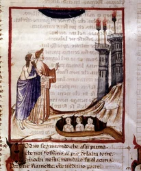 Den gudomliga komedin av Dante Alighieri. Helvete. Miniatyr föreställande staden Dity. 1300-talsmanuskript. Kommunal Bibl. av Rimini.