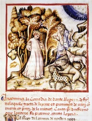 Den gudomliga komedin av Dante Alighieri. Miniatyr föreställande Dante, Vergilius och de tre bestarna. 1300-talsmanuskript. Kommunal Bibl. av Rimini.