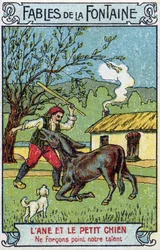 Åsnan och den lilla hunden - Fabler av Jean de La Fontaine (1621-95) Kromolitografi från slutet av 1800-talet Privat samling