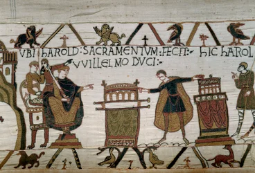 Hertigen av Normandie Guillaume the Conquerant (1027-1087) gjorde en riddare Harold som avlade en ed om lojalitet på två relikvier Detalj av Tapeten av Bayeux eller Broderi av Drottning Mathilde