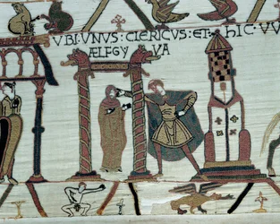 Hertigen av Normandie Vilhelm Erövraren (1027-1087) lovar sin dotter Aelfgyve till Harold i äktenskap Nedre vänstra, representation av en naken man. Detalj av Bayeuxtapet eller broderi av drottning Mathilde