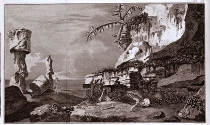 Påskön (Rapa Nui) i Polynesien efter "Viaggi del Capitano Cook", gravyr från 1800-talet.