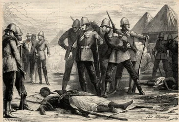 Kejsaren (negus) av Etiopien Theodoros II (Tewodros) dog den 13 april 1868 efter att engelsmännen intagit Magdala, där negusen hade dragit sig tillbaka. Gravyr i "" L