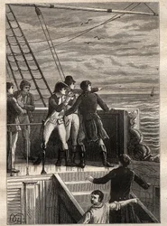 Expeditionen till de södra länderna (1800-1803) av Nicolas Baudin (1754-1803): sjömän utanför New Holland (Australien) rapporterar en slöja vid horisonten - illustration hämtad från "The Great Mariners of the 18th century"
