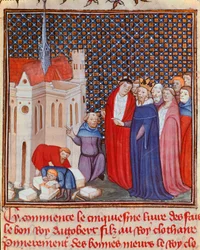Franckungen Dagobert I (603/608-639) av den merovingerska dynastin som övervakar byggandet av en miniatyrbyggnad från "" Les grandes Chronicles de France" eller "" Les Chronicles de Saint Denis"" Chantilly från 1300-talet, Musee Conde
