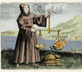 Franciskanermunken, filosofen och alkemisten Roger Bacon (Bacon) (Doktor Mirabilis) (1214-1294) gör en upplevelse. Gravyr från "Symbolerna för de tolv nationernas gyllene bord" av Michael Mayer 1617