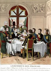 Den franske kejsaren Napoleon I i Tilssit tar emot Rysslands kejsare, prins Konstantin, kungen av Preussen, hans hustru, prins Henrik och storhertigen av Bert, skålar för drottningen av Preussens hälsa. Gravyr från tidigt 1800-tal