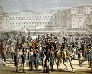 Den franske generalen och kungen av Neapel Gioacchino (Joachim) Murat (1767-1815) granskar den cisalpina milisen framför Villa Reale de Monza den 07/08/1801. Gravyr Museo del Risorgimento, Milano