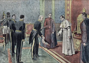 Den franske ambassadören Jonnart överlämnar sina kreditivbrev till påven Benedictus XV (1914-1922) Illustration från "Le pelerin" juni 1921