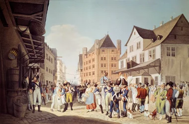 De franska trupperna från 24:e infanteriregementet lämnar Frankfurt med General Augereau gravyr av 1808 Frankfurt, historiskt museum