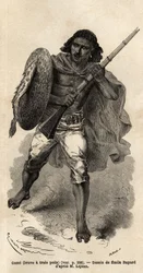 The Game, eller modig har tre hårstrån, abessinisk pistolsoldat. Gravyr för att illustrera resan till Abessinien, 1862 av Guillaume Lejean, i "Le tour du monde, nouveau journal des voyages"" publicerad under ledning av Edouard Charton
