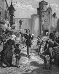 Den tyske riddaren, poeten och humanisten Ulrich von Hutten (1488-1523) deklamerade en av sina dikter på gatan. Gravyr av 1800-talet. I "Histoire de France" av Jules Michelet