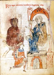 Den germanske kejsaren Henri IV (1050 - 1106) i ångerfull klädsel ber om förlåtelse från påven Gregorius VII (Hildebrand: 1015/20 - 1085) som tog sin tillflykt till grevinnan Mathildas slott av Toscana (1046 - 1115) i Canossa. 25 - 28 januari