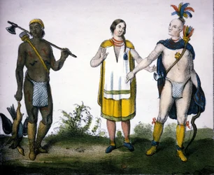 Indianerna i Kanada: en jägare (acadian), en kvinna och en krigare. litografi av "Universal Gallery of all peoples of the world", Milano