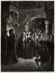 Kungen av Frankrike Henrik III (1551-1589) i vit botfärdig kostym”” Procession av Confrerie instiftad av kungen 23/03/1585 (Kung av Frankrike Henrik III i vit botfärdig procession)