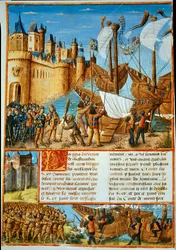 Frankrikes kung Ludvig IX (Sankt Ludvig) (1214-1270) ger sig av på det sjunde korståget. Miniatyr ur ”Les passages faits Outremer par les Français contre les Turks et autres Sarrazins et Moures Outremarine” av Sebastien Mamerot