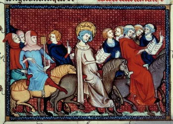 Kungen av Frankrike Ludvig IX (Saint Louis) (1214-1270) har berättat om sina timmar för sina miniatyrpräster från ett manuskript "Life and miracles of Saint Louis"" av William of Saint Pathus