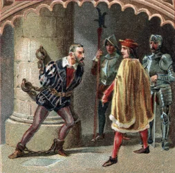 Kung Ludvig XII av Frankrike låter spärra in Ludovico Maria Sforza, känd som Moren (Ludovico Maria Sforza detto il Moro) (1452-1508), på slottet Loches i Touraine. Kromolitografi från slutet av 1800-talet.