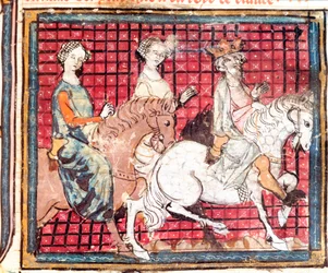 Kungen av francen Chilperic I (543-597) och Fredegonde en hästminiatyr från "" Grandes Chronicles de France"" 1375-1379 Stadsbibliotek, Castres