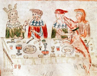Frankernas kung Pippin III den lille (714-768) och hans son Karl den store vid en bankett. Miniatyr ur ett manuskript från 1100-talet. Venedig, Biblioteca Nazionale Marciana
