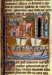 Riddarna lämnade till korståget. Miniatyr hämtad från "" La quete du Holy Grail et la mort du roi Arthur"" av Robert De Borron (ou Boron) (1147-1170) Omkring 1280 Paris, B.N.