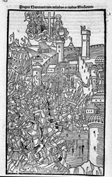 Riddarna av Rhodos (sjukhusorden av St. Johannes av Jerusalem) attackerar Rhode Island i "" Rhodiorum Historia"" av Guilelmus Caorsin, Ulmae, Joh. Reger 24 oktober