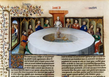 Riddarna av det runda bordet från "The Story of Lancelot". Den heliga gralens utseende inför riddarna av det runda bordet, miniatyr hämtad från "The History of Lancelot", velin