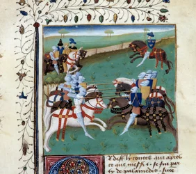 Riddarna av det runda bordet deltar i en ridderlig turnering. Miniatyr från manuskriptet "The novel of Tristan" av Master Charles of Maine