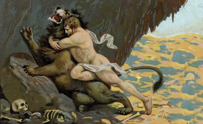 Herkules arbete: Hercules and the Lion of Nemee, början av 1900-talet (chromo)