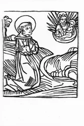 Sankt Bernard de Menthons liv (923 - 1008). Gravyr från "Leben der Heiligen - sommerteil" (Helgonets bok) av Jacobus (James) av Voragine (1228-1298). Lübeck 1488.