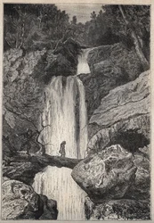 Linklater-vattenfallet - 1800-talsillustration till den historiska romanen "The Puritans of Scotland" (Old Mortality) av Walter Scott (1771-1832)