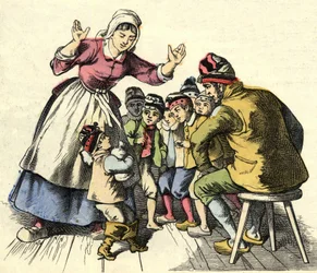 Lilla Poulet och hans bröder åker hem till sina föräldrar. Illustration av berättelsen "" Le Petit Poucet"" av Charles Perrault
