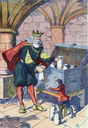 Den lilla Poulet kompenserar av kungen. Illustration till "" Le Pepetit poucet", berättelse av Charles Perrault (1628-1703), fransk författare. Anonym illustration. Bildmaterial Marcel Vagne, Jarville Nancy, odaterat (slutet av 1800-talet).