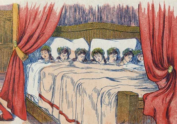 Den lilla tummen och hans bröder sover, kronan i hans huvud. Illustration till "" Le Pepetit poucet", berättelse av Charles Perrault (1628-1703), fransk författare. Anonym illustration. Bildspråk Marcel Vagne, Jarville Nancy, odaterad (slutet av 1800-talet