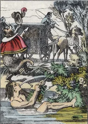 Markisen de Carabas låtsas drunkna medan stövelkatten ropar på hjälp. Illustration av berättelsen "The cat botte" av Charles Perrault