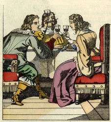 Markisen av Carabas bjuder prinsessan och kungen att äta i slottet. Illustration av berättelsen "The cat botte" av Charles Perrault