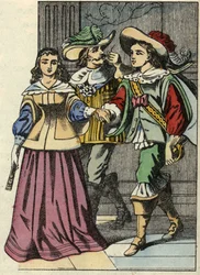 Markisen av Carabas, prinsessan och kungen i slottet. Illustration av berättelsen "The cat botte" av Charles Perrault