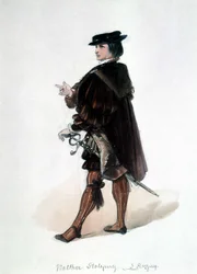 The Master Singers of Nürnberg (Die Meistersinger von Nürnberg), opera skapad av Richard Wagner: kostym av Walther von Stolzing för den första föreställningen. Wagner Museum Bayreuth.