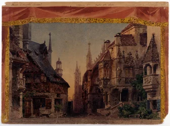 The Meistersinger von Nurnberg (Les Meistersinger de Nuremberg), WWV 96, opera av Richard Wagner skapad 1868. Scenografi av Ferrario för La Scala i Milano