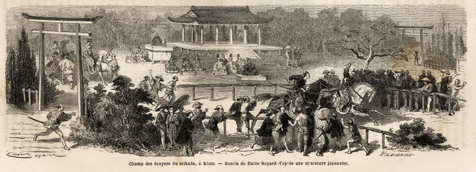 Mikado (kejsaren av Japan) godsägarefält i Kioto (eller Kyoto), tränings- och träningsbana för kejserliga hästar. Gravyr för att illustrera resan till Japan, 1863-1864, av Aime Humbert, minister för Schweiziska edsförbundet, i "Le tour du monde, nouveau