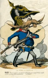 Nålpistolen - Porträtt av Otto von Bismarck (1815-1898), Preussens kansler - Mars, krigets gud, besviken på sig själv som preussare, för att pröva nålpistolen och spela österrikarna ett spratt... Karikatyr