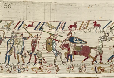 Normanerna slåss och dödar de som var med kung Harold, Bayeux Tapestry (ullbroderi på linne)