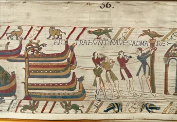 Normanderna drar sina skepp till havet, Bayeux Tapestry (ullbroderi på linne)