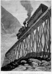 Stillahavsjärnvägen på Dale Creek Wood Bridge - gravyr, sent 1800-tal
