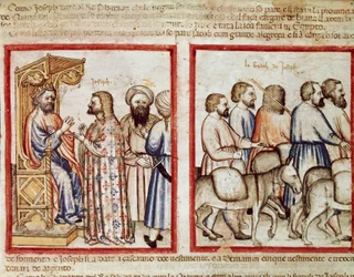 Farao berättar sin dröm för Joseph Miniature från Codex 212 (eller Padovan eller Bible of Padua) 1390-1400 Rovigo, Accademia dei Concordi