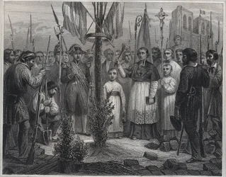 Planteringen av ett frihetsträd under revolutionen (Liberty pole) - Planteringen av ett frihetsträd (poppel) i Frankrike under den franska revolutionen - Gravyr i "Les Fastes Populaires, ou Histoire des acts heroiques du peuple et de son influence