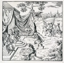 Prinsen av Condé erhöll från Karl IX (1550-1574) en redigering genom vilken han tillät kalvinisterna att utöva sin religion i kungariket (Freden i St Germain undertecknad 1570-08-08) - i "" samling av 39 figurer som representerar Frankrikes olyckor tillbak
