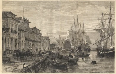Kajen i Boa Vista, vid San Pedro de Rio Grande do Sul, en hamn i Brasilien - Le quai de Belle-Vue, en San Pedro de Rio Grande (Brasilien) - Kaptenskap i Sao Pedro do Rio Grande do Sul - Gravyr från " "Det lysande universum"" 1866